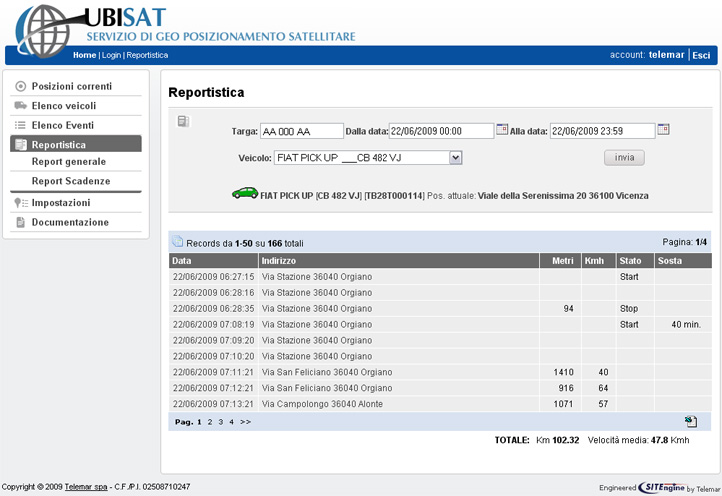 immagine descrittiva con la reportistica degli spostamenti compiuti da un mezzo indicizzato